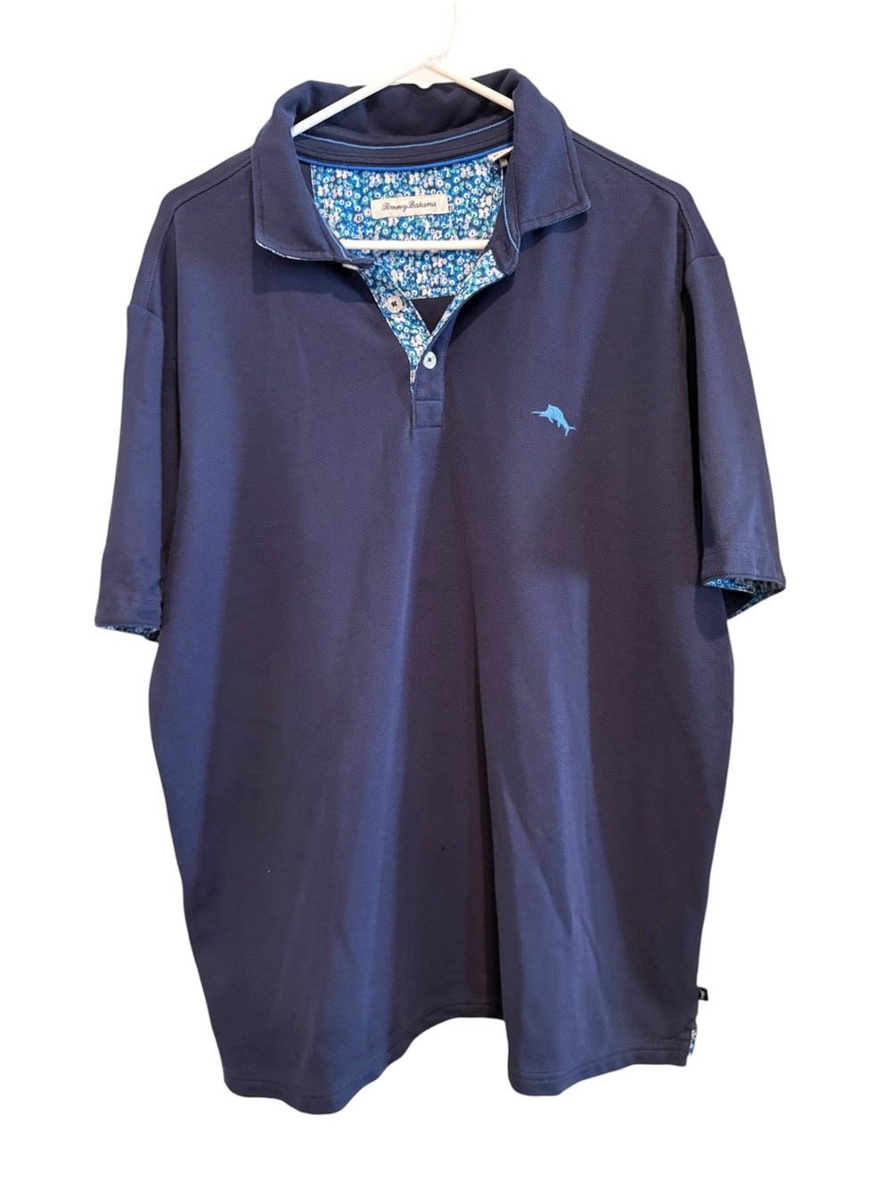 Tommy Bahama Navy Polo Shirt with Floral Trim.  Size XL